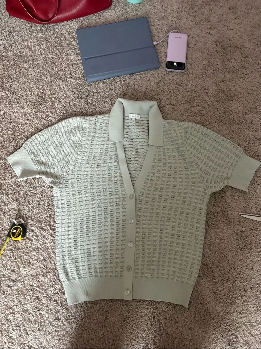 7 Diamonds Light Mint Knit Button-Up Short Sleeve Cardigan